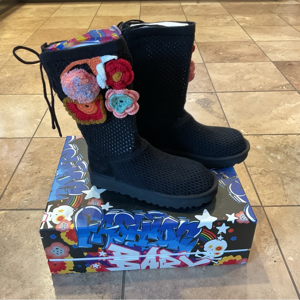 UGG Black Crochet Knit Boots with Multicolor Accents